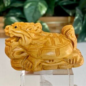 Boxwood Netsuke Dragon Turtle Beast Carving Hand Carved Wood Animal Signed 2.5"